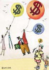 People being lifted off the ground by money balloons
