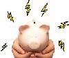 Hands holding a piggy bank with electronic lightning bolts surrounding it