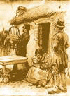 Old time drawing of police evicting tenants