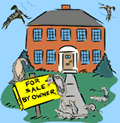 A large house with a For Sale By Owner sign posted in front and rats and vultures on the attack