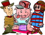 Man and woman - the employers - are hog-tied by the employee - a hog eating from a can of labor laws