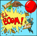 A For Sale sign bursts KABOOM into pieces while a pin is all set to burst a balloon