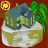 A house sitting on top of a lock with a key securing it surrounded by palm trees and a bright sun