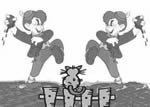 Two boys throwing mudpies at one another.