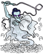 A phantom with a whip stirring up all the money that lies below it