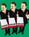 Three sketchy-looking salemen with pen and document in hand each stating a different price