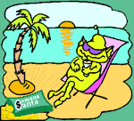 A creature relaxes on the beach sipping on a pina colada with a stack of money labeled Semana Santa nearby