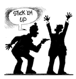 A man with his hands in the air being held up by a man with a gun
