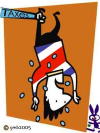 Man with shirt in Costa Rican flag stripes is hung upside down by an arm labeled taxes 